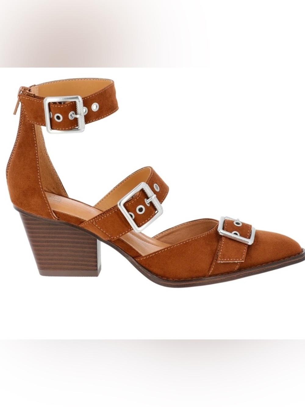 Time and Tru Brown Suede Pointed-Toe Buckle Ankle Strap Heels